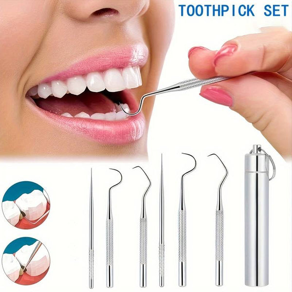 6 Pcs 1 Set Toothpick Set Metal Stainless Steel Oral Cleaning Tooth Flossing