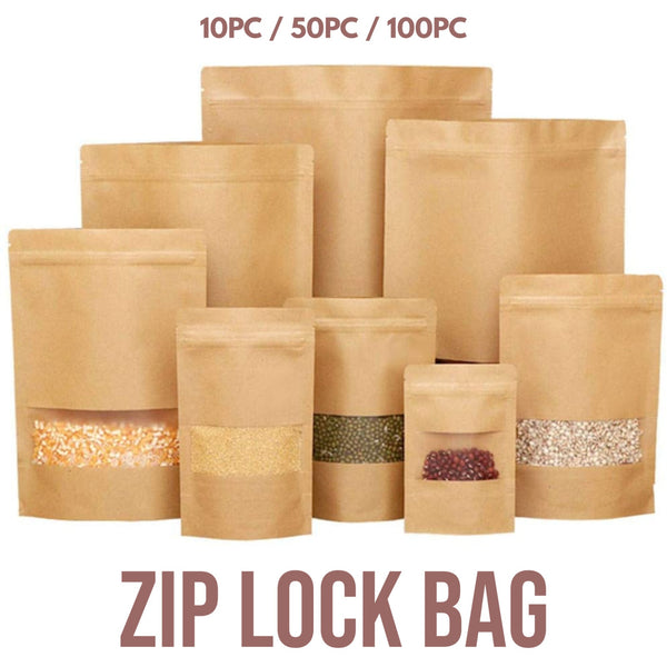 200g - Kraft Paper Bag Stand Up Pouch Food Zip Lock Packaging Window (14cm X