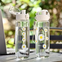 Portable Large Capacity Plastic Water Bottles with Sun and Flowers Design