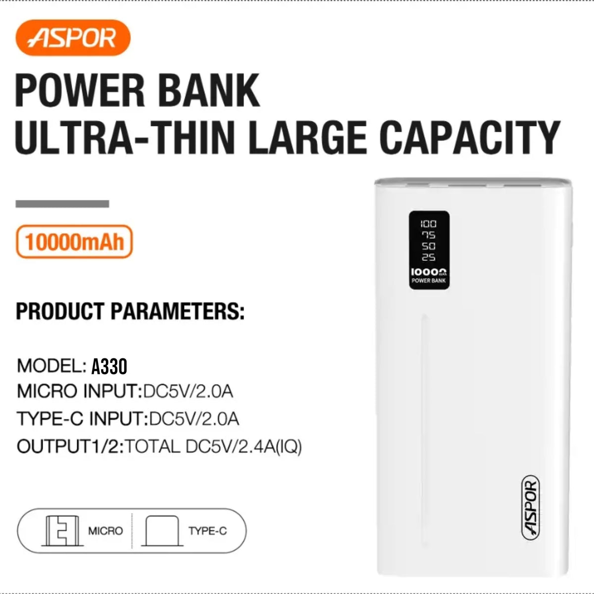Aspor A330 / A323 10000mAh Powerbank with LED Digital Display